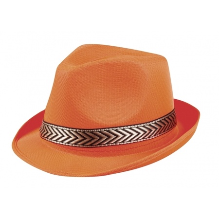 Oranje trilby hoed met gouden band