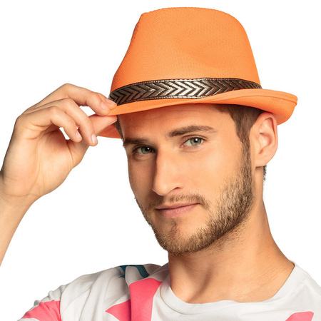 Oranje trilby hoed met gouden band