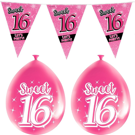 Paperdreams Sweet 16 feest set - Ballonnen & vlaggenlijnen - 17x stuks