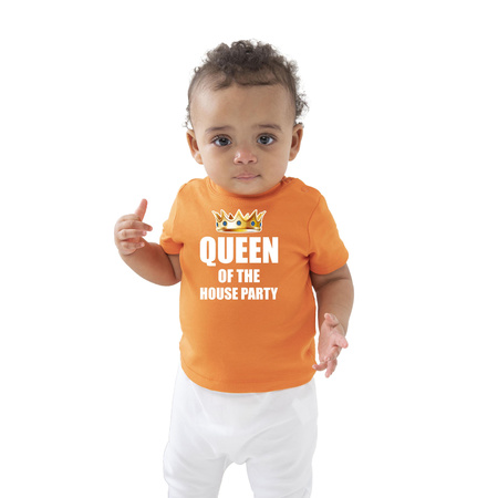 Queen of the house party t-shirt oranje Koningsdag baby/peuter voor meisjes