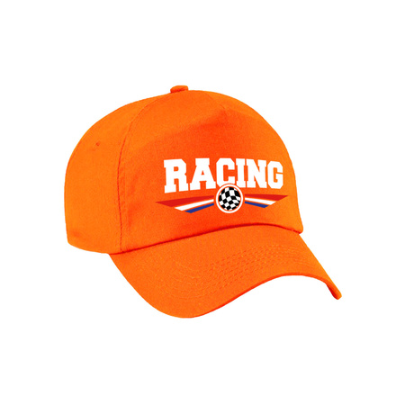 Racing / autosport supporter pet met finish vlag en Nederlandse kleuren oranje voor volwassenen