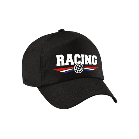 Racing / autosport supporter pet met finish vlag en Nederlandse kleuren zwart voor volwassenen