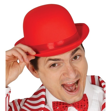Clown verkleed set gekleurde pruik met bolhoed rood