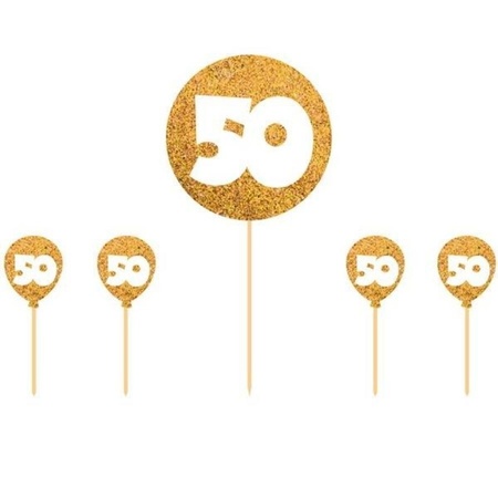 5x stuks Cocktailprikkers 50 jaar thema goud