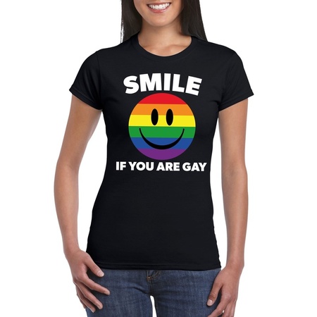 Regenboog emoticon Smile if you are gay shirt zwart dames