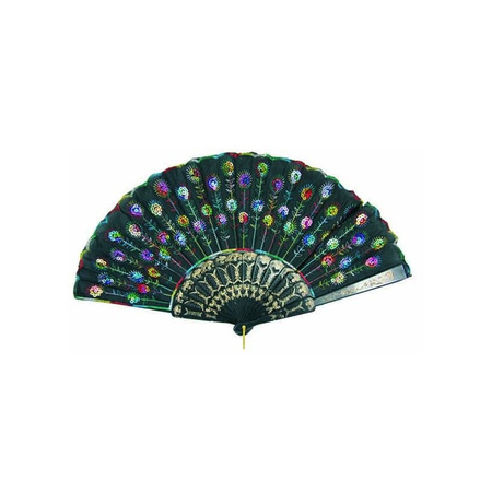 Hand fan - green - sequins - plastic/polyester - 24 x 44 cm