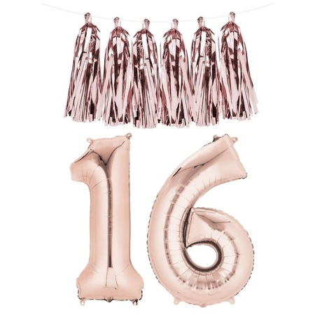 Sweet 16 jaar cijfer ballonnen met slinger rosegoud