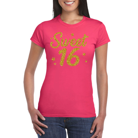 Sweet 16 gold glitter t-shirt pink for women