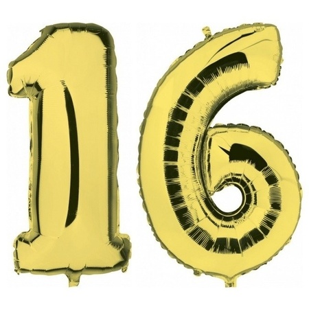 Sweet 16 golden foil balloons 88 cm age/number 16 years