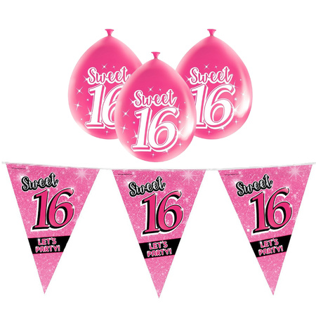 Sweet 16/Sixteen versiering pakket vlaggetjes/ballonnen roze
