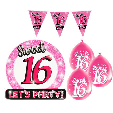 Sweet 16/Sixteen versiering pakket vlaggetjes/ballonnen roze