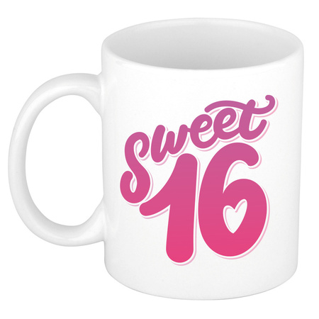 Sweet 16 roze verjaardag cadeau mok / beker wit 16 jaar