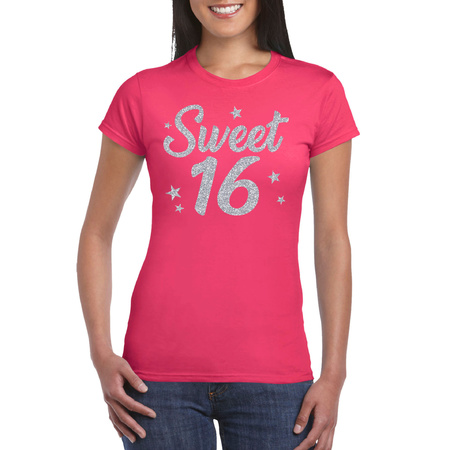Roze sweet 16 verjaardags kado t-shirt / outfit voor dames met zilver glitter bedrukking