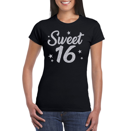 Zwart sweet 16 verjaardags kado t-shirt / outfit voor dames met zilver glitter bedrukking