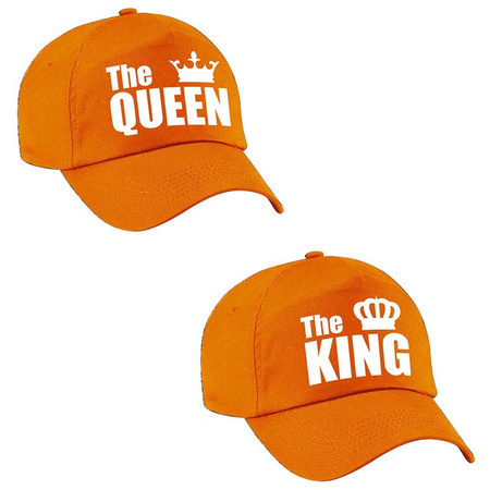 Kadopetten The King en The Queen oranje met witte letters en kroon voor koppels / bruidspaar volwassenen