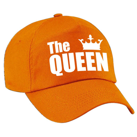 Feestpet / cap The Queen oranje witte letters en kroon dames - Koningsdag