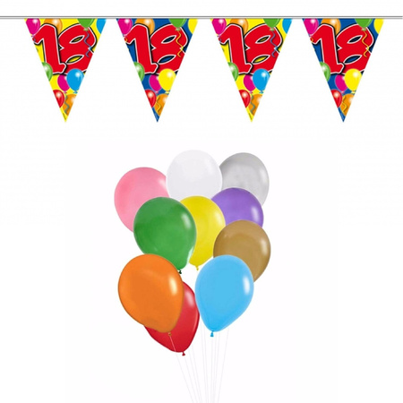 Verjaardag 18 jaar feest thema set 50x ballonnen en 2x leeftijd print vlaggenlijnen