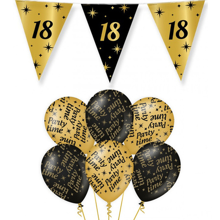Verjaardag 18 jaar versiering pakket zwart/goud 18 en party-time