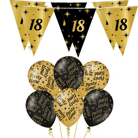 Verjaardag 18 jaar versiering pakket zwart/goud 18 en party-time