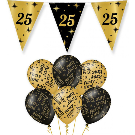 Verjaardag 25 jaar versiering pakket zwart/goud 25 en party-time