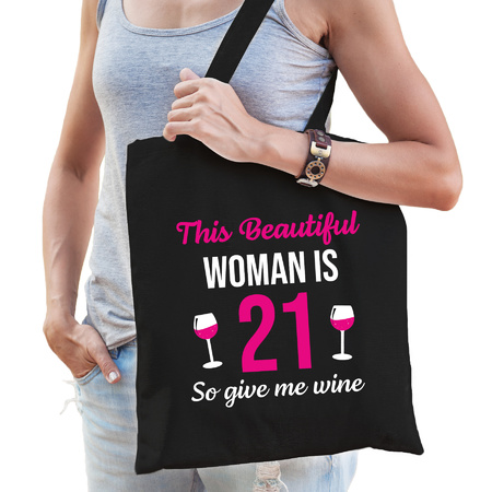 21 jaar verjaardag tas zwart dames - beautiful woman 21 give wine cadeau tasje