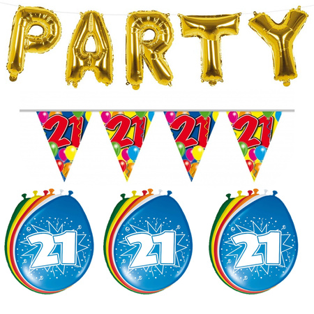 Verjaardag feestversiering 21 jaar PARTY letters en 16x ballonnen met 2x plastic vlaggetjes