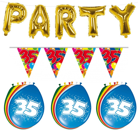 Verjaardag feestversiering 35 jaar PARTY letters en 16x ballonnen met 2x plastic vlaggetjes
