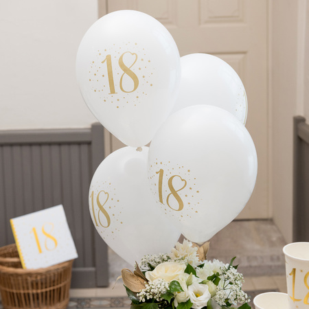 Santex verjaardag leeftijd ballonnen 18 jaar - 8x stuks - wit/goud - 23 cm - Feestartikelen