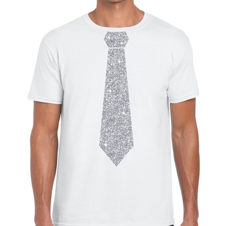 trommel Okkernoot Vacature Stropdas t-shirt wit met zilveren glitter das heren | Fun en Feest